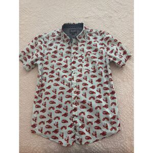 Retrofit Lobster Novelty print short sleeve button down cotton shirt, Medium